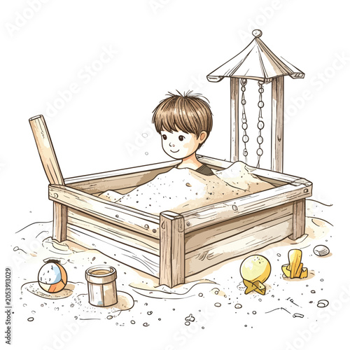 A cute cartoon illustration of a young boy playing in a wooden sandbox.
