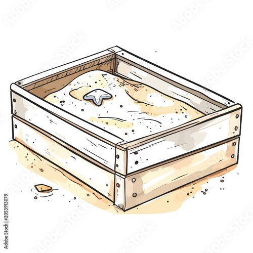 A small wooden sandbox filled with sand and a single starfish.