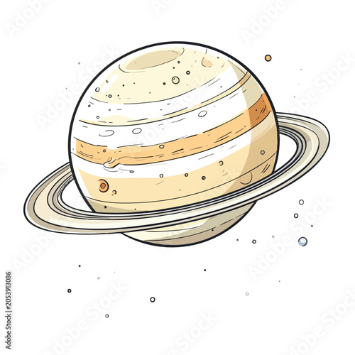 Cartoon Illustration of a Ringed Gas Giant Planet in Outer Space.