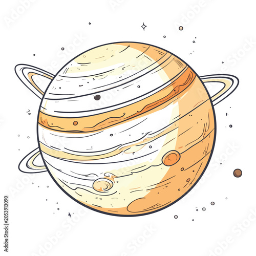 Hand drawn illustration of the planet Jupiter with rings in space.