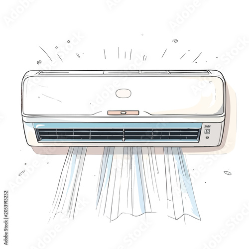 Hand drawn illustration of a modern white wall mounted air conditioner.