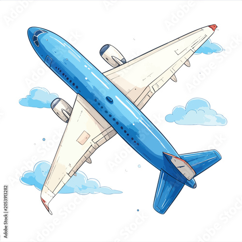 Hand drawn watercolor illustration of a commercial blue airplane flying.