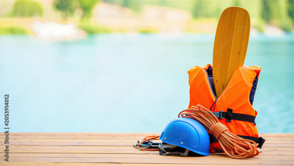 Naklejka premium A bright orange life jacket, blue helmet, and climbing rope are arranged on a wooden dock by the water. Essential gear for water sports activities.