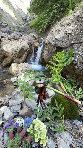 Brewing Tea on Open Fire by a Flowing River in a Lush Green Forest