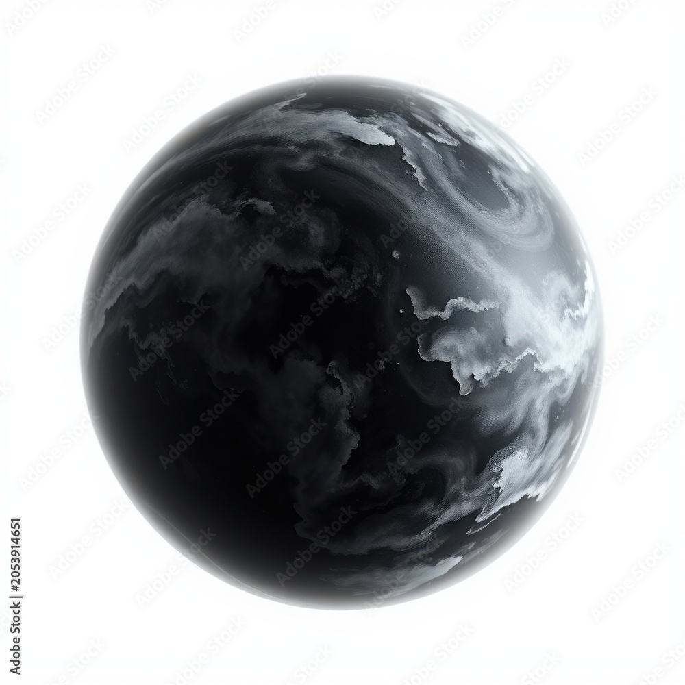 Fototapeta premium Dark planet surface features swirling clouds. Gray, white tones dominate visual space. Round shape suggests celestial body.