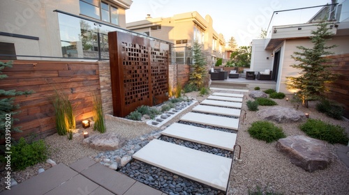 Contemporary residential backyard features modern hardscaping elements and decorative metal screening