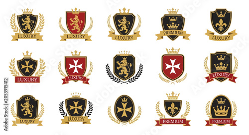 Fotografía Luxury Emblems & Crests Collection: Heraldic Shields, Crowns, Lions, Maltese Cro