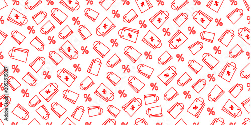 Seamless pattern with shopping bag and percent background. Shopping themed seamless pattern background in doodle style.	