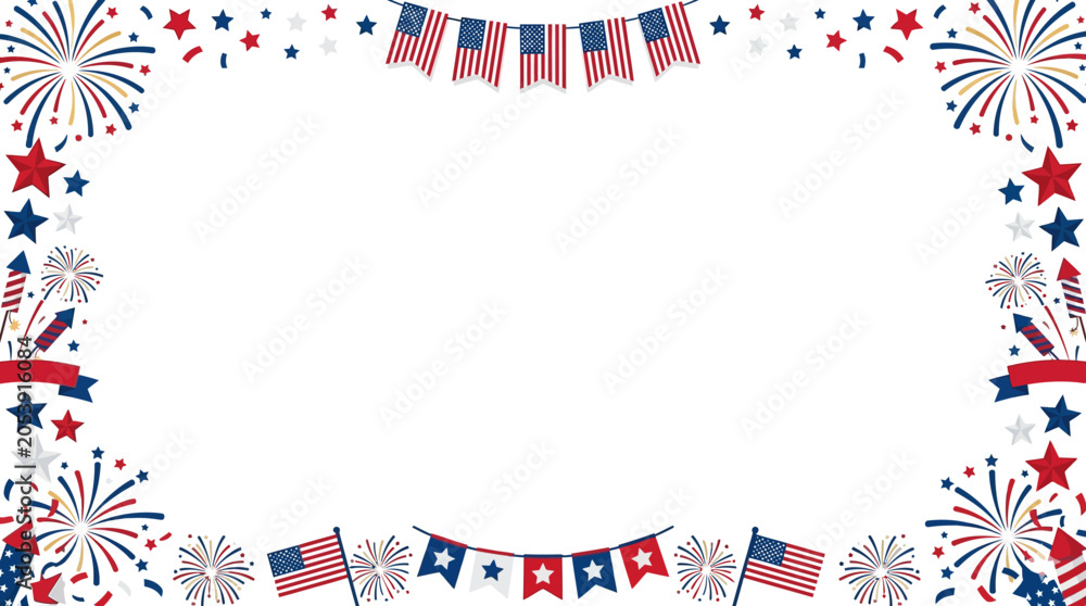 Obraz premium US Independence Day Celebration Frame with Fireworks Flags and Stars Patriotic Border for 4th of July Greeting Cards