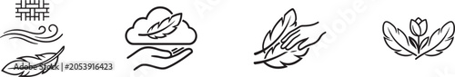 Foto Set of minimalist icons featuring a feather with various natural elements