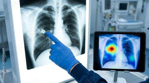 Doctor analyzing chest X-ray and PET scan for lung diagnosis