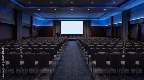 Empty Conference Hall with Projection Screen and Seating