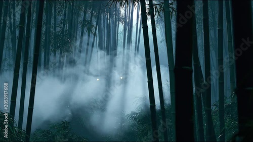 Dark Japanese Bamboo Forest at Night with Drifting Mist and Mysterious Glowing Lights in Fog