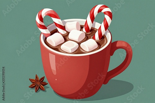 A red cup of hot chocolate with marshmallows and candy canes