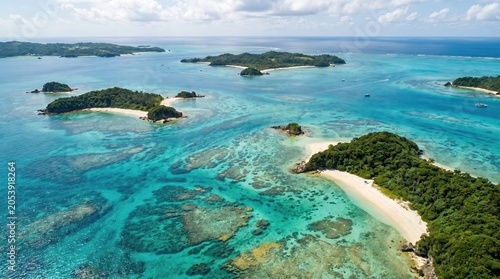 Stunning Aerial View of Tropical Islands with Turquoise Waters and Coral Reefs.