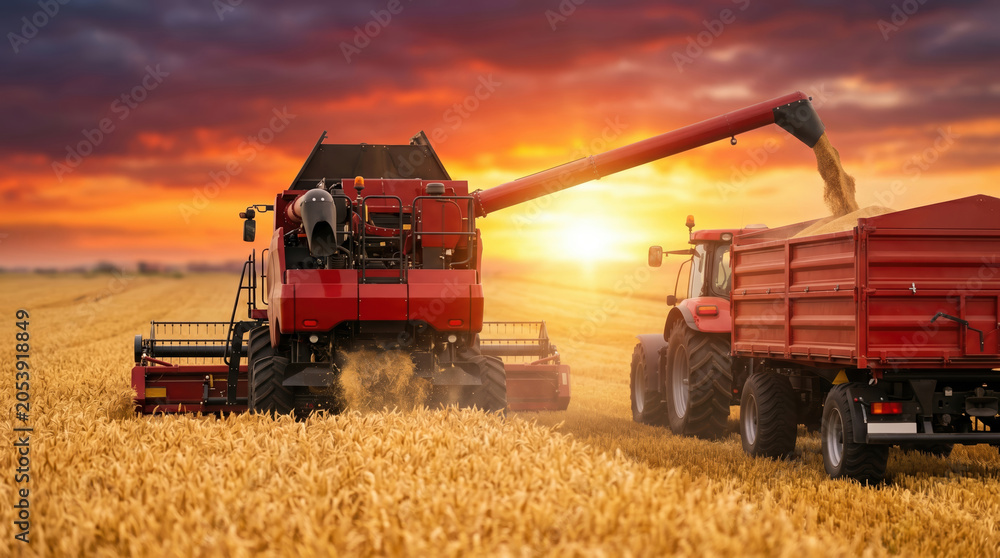 Fototapeta premium A combine harvester gathers wheat as a tractor waits to collect the grain. The setting sun creates warm light over the golden field. The scene captures the heart of the harvest season