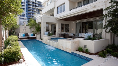 Contemporary residential backyard features a narrow swimming pool with an integrated waterfall feature beside a modern home structure
