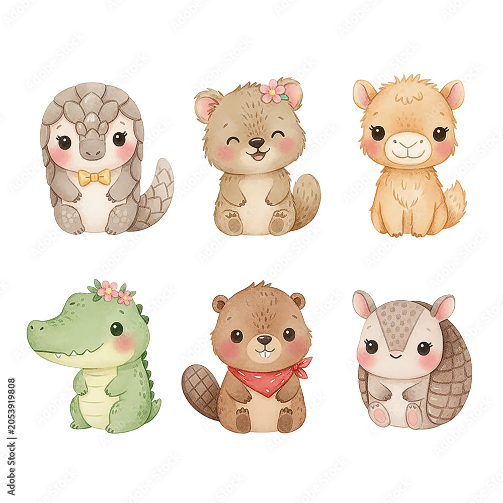 Naklejka premium Cute happy smiling watercolor animal set including pangolin bear llama alligator beaver armadillo isolated on white
