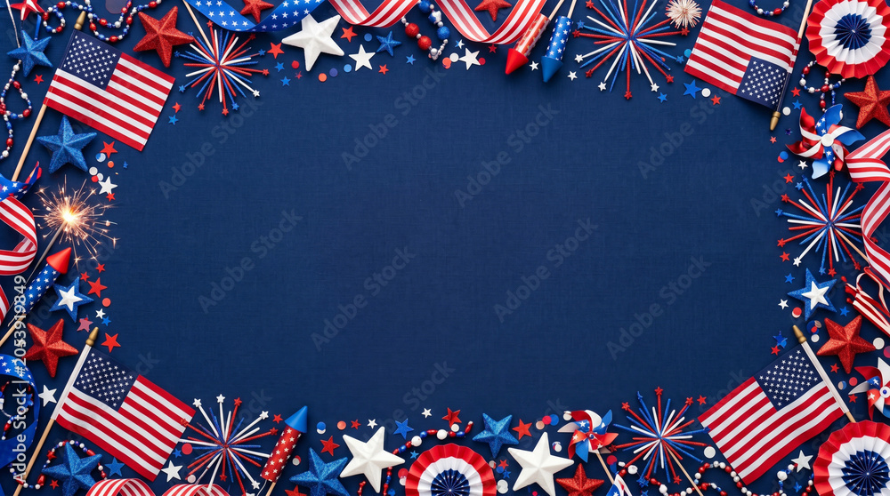 Obraz premium Patriotic decorations aligned on blue background for celebration