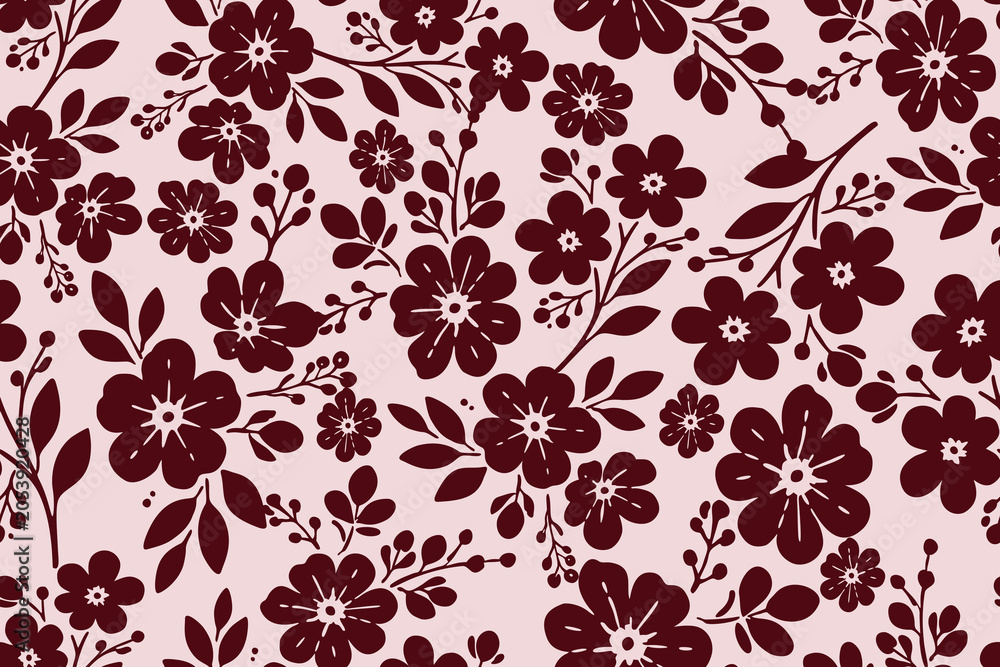 Obraz premium Elegant seamless floral pattern featuring rich burgundy blossoms, leaves, and berries on a soft blush background, perfect for fabric, wallpaper, and decor.