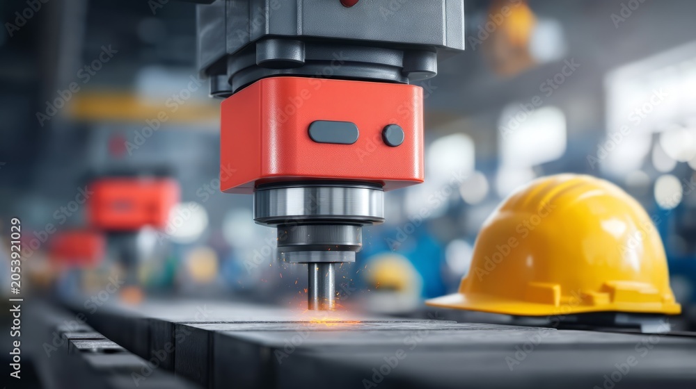 Fototapeta premium Industrial robotic arm welding metal sheet in factory with safety helmet