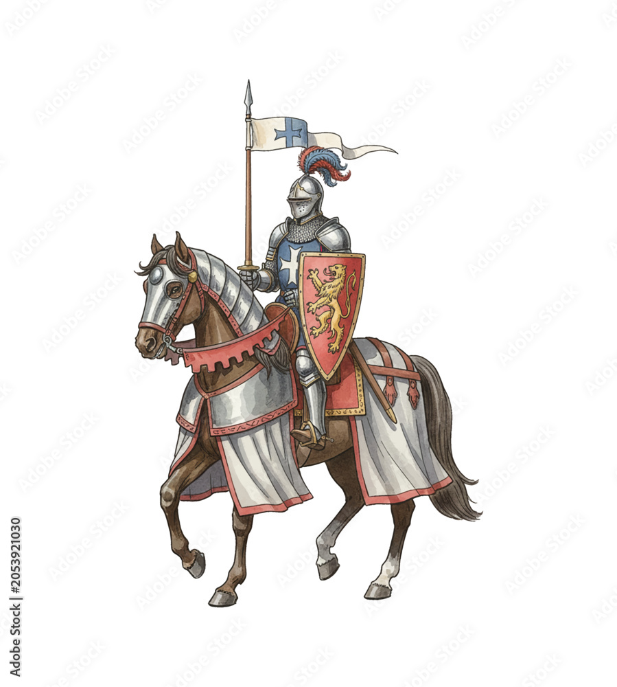 Obraz premium Medieval Knight in Full Armor on Armored Horse Carrying a Spear and Shield Historical Illustration