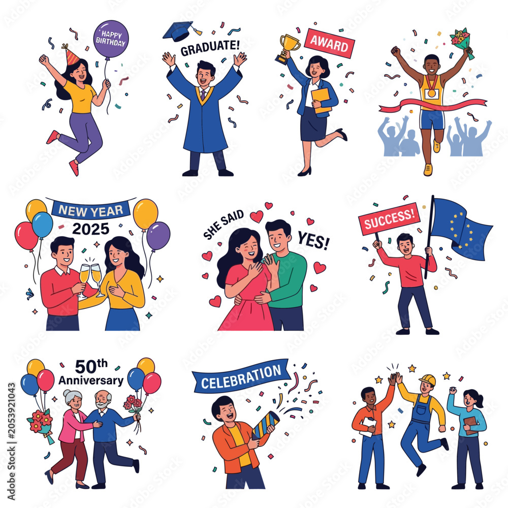 Fototapeta premium Illustrations of people celebrating various life events, achievements, and milestones like birthdays, graduation, awards, new year, anniversaries, and success.