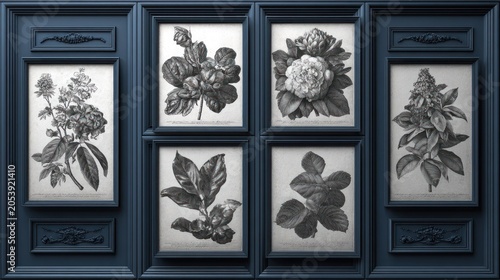 Ornate dark blue paneling displays a collection of five framed botanical engravings in monochrome tones.
