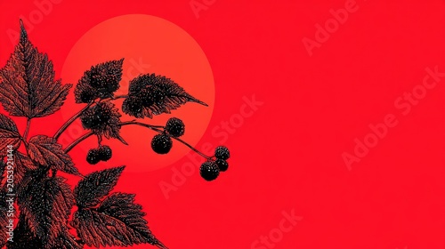 Stylized depiction of dark berries and foliage against a vibrant red background featuring a circular shape