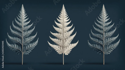 Three highly detailed, stylized fern fronds displayed vertically against a dark backdrop