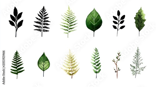 Collection of twelve botanical illustrations featuring diverse leaf and sprig silhouettes and watercolor renderings