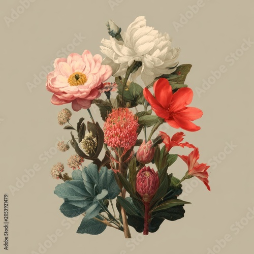 Botanical illustration features a rich arrangement of diverse blooming flora against a muted backdrop