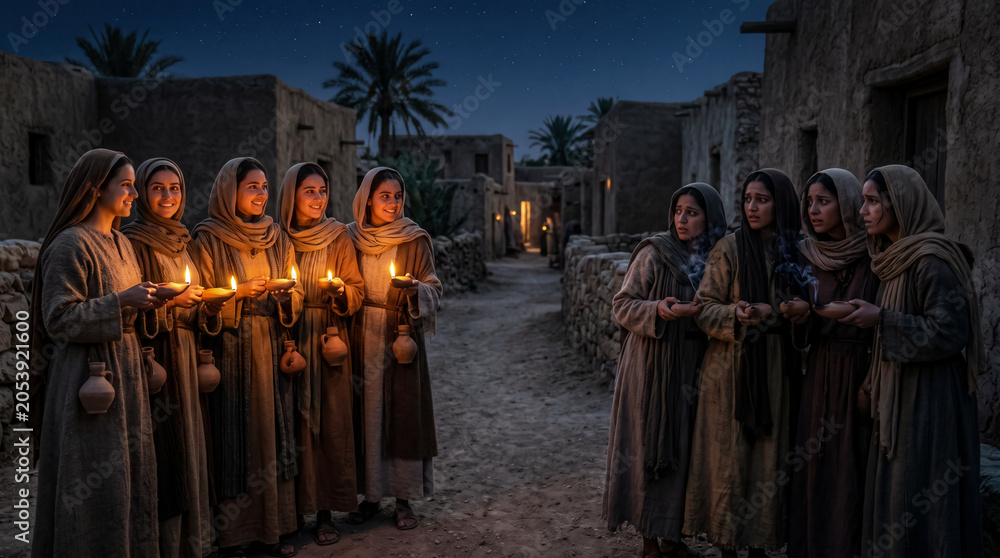 Fototapeta premium Five wise virgins have burning lamps, while five foolish virgins hold lamps that have gone out.