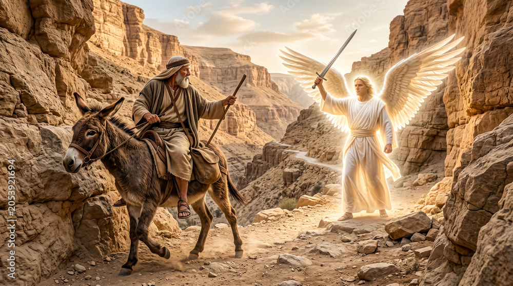 Obraz premium Balaam is riding a donkey, Bible story.