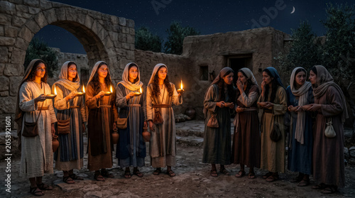 Five wise virgins have burning lamps, while five foolish virgins hold lamps that have gone out.