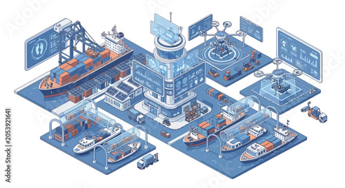 Tableau sur toile Industrial shipyard with various boats and cranes.