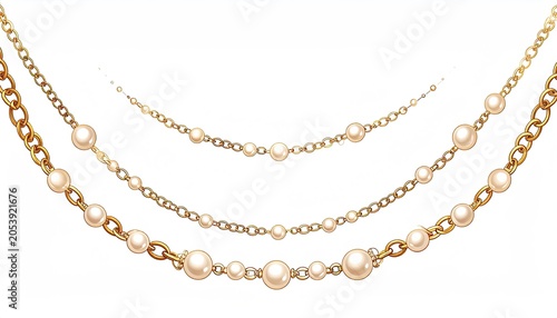 Three elegant layered necklaces, gold chains adorned with luminous cream pearls