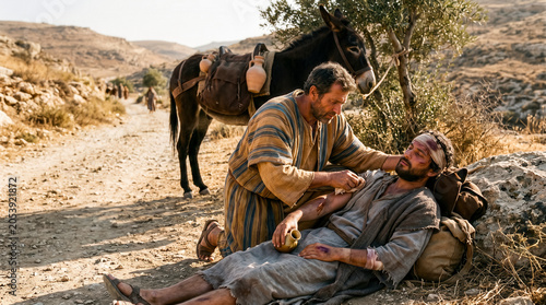 Good Samaritan helping to man, Bible story.