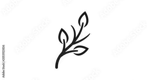 Simple Black Line Art Leaf Branch.