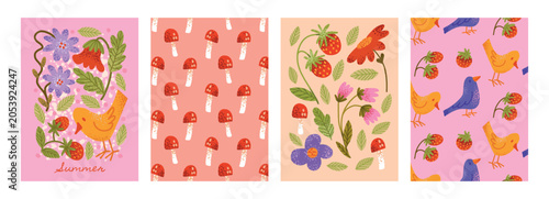 Summer Poster Set, Bird, Strawberries, Flowers, Mushrooms, Leaves. Cute summertime clip art, patterned backgrounds. Textured flat graphic vector illustration, crayon hand drawn lettering.