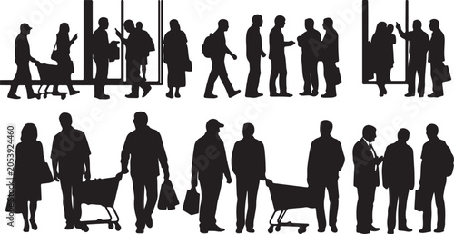 Tableau sur toile Crowd silhouettes of people walking and shopping, black human figures with shopp