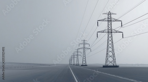 Dramatic View of Power Lines Stretching Across a Gray Landscape Under a Cloudy Sky.
