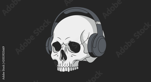 Foto Skull with Headphones Listening to Music, Dark Background, Graphic Illustration