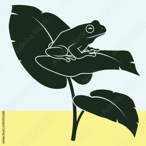 Photos Stylized Frog Silhouette on Tropical Leaf, Minimalist Nature Art