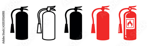 Fire extinguisher icons set vector flat design on white background. Emergency fire safety symbols silhouette illustration.