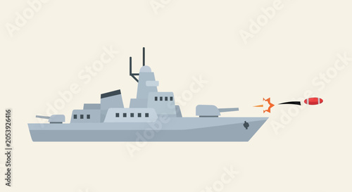 Fotografía Warship firing missile, naval warfare, military illustration