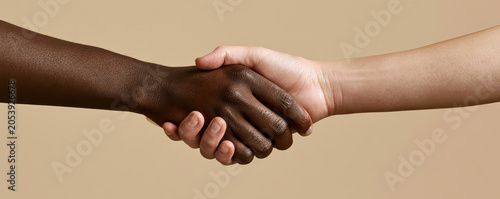 Handshake diversity unity support trust inclusion cooperation agreement partnership friendship Contrasting skin tone handshake symbolizes unity, support, trust and inclusion, highlighting