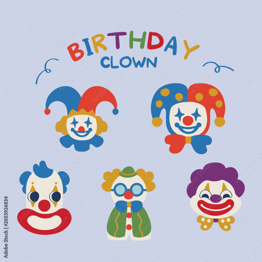 Naklejka premium Cute Birthday Clown Clipart Set