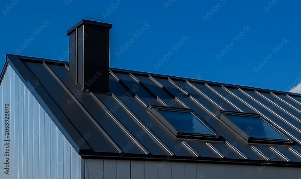 Fototapeta premium Modern dark metal standing seam roof with skylights and chimney against blue sky.
