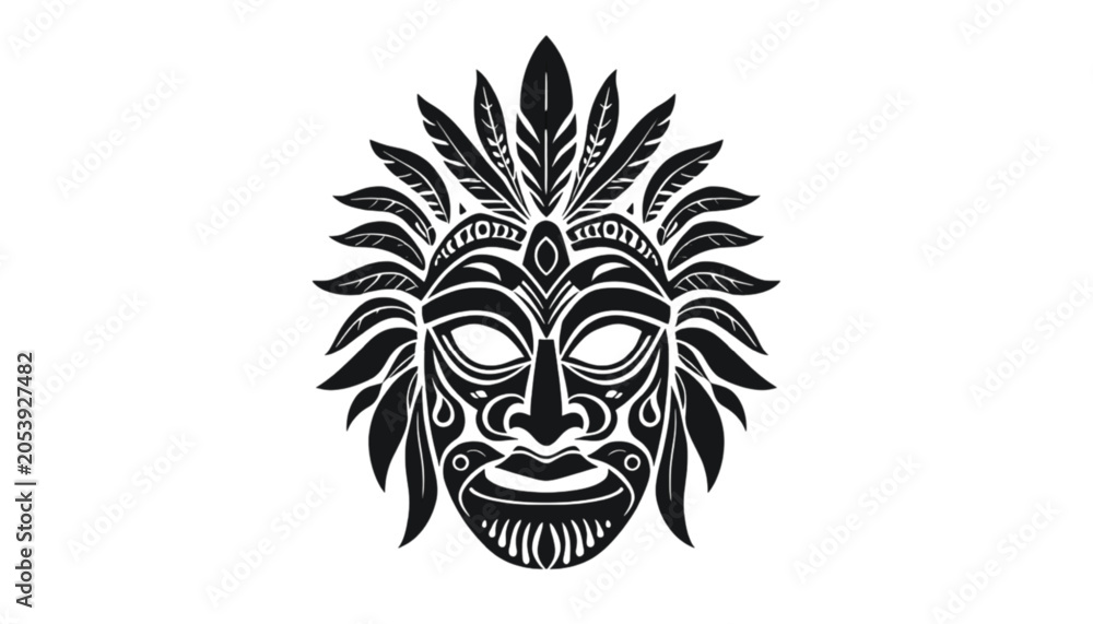 Fototapeta premium Tribal mask featuring ornate feather carvings and intricate symmetrical patterns serves as a powerful artistic representation of ancient cultural identity, traditional folklore, and ceremonial.